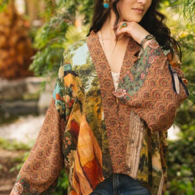 Secret Garden Cropped Bamboo Kimono Jacket with Swan