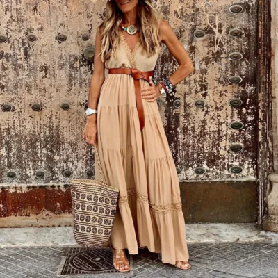 2025 Summer Casual Women's Bohemian Dress Fashionable V-Neck Sleeveless Layered Ruffle Lace Lace Long Dress With Belt Decoration
