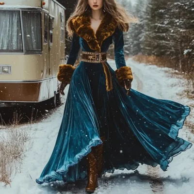 Elegant Women's Dress Autumn and Winter Fashion New Long Sleeve Long Thickened Gold Velvet Dress Fur Collar Coat Dress 2024