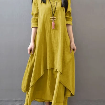 Women's Vintage Boho Dress Classic Retro Layered Robe Long Sleeve Loose Bohemian Casual Maxi Dress for Women 2025 Autumn