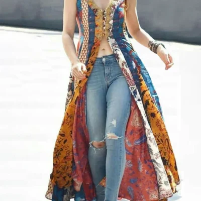 Floral Print Tank Dress for Women Sexy Split V-Neck Sleeveless Indie Folk Vintage Casual High Street Retro Long Dress