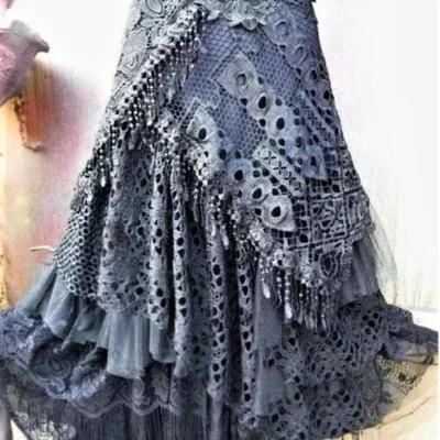 Elegant Lace Asymmetrical Skirt Women Vintage Y2K Boho High Waist Hollow Mesh Patchwork Layered Maxi Skirts Lady Holiday Outfits