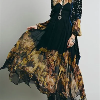 Elegant Summer Long Sleeve Floral Maxi Dress Pleated Asymmetric Hem Midi Sundress Bohemian Holiday Robe Fashionable Casual