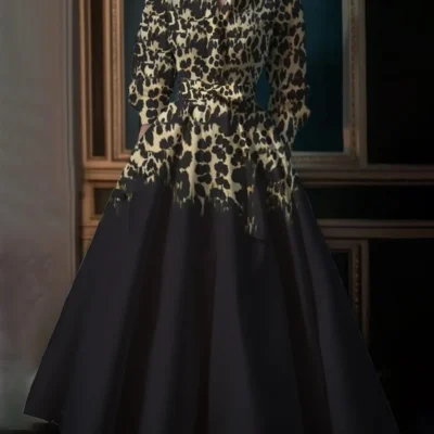 Retro Boho Leopard Pattern Casual Dress for Women High Street Style Standing Collar Loose Swing Shirt Dress in Big Sizes