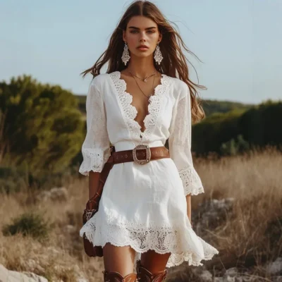 Women's Boho Lace Dress Deep V Neck Flare Sleeve Ruffle Hem Mini Dress Vintage Country Concert Festival Beach Party Dresses