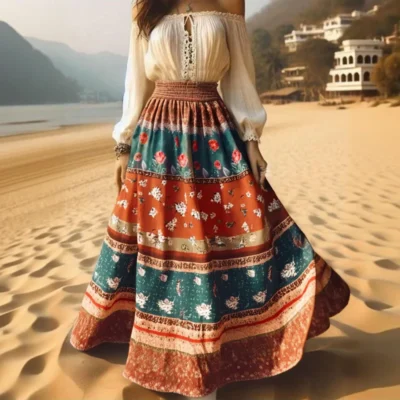 Women's Boho Floral Print Maxi Skirt Elastic High Waist Vintage Ethnic Style Long Skirt A Line Flowy Beach Vacation Skirts