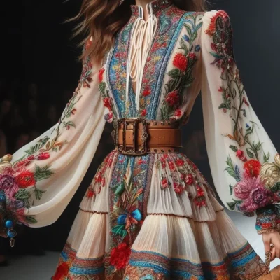 Casual Bohemian Ethnic Style Women's Mini Dress Fashion O-Neck Lantern Sleeves Retro Floral Pattern Print Lace-Up Mini Dresses