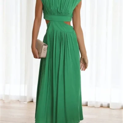 Women Summer Long Dress Solid Color Sleeveless Mock Neck Hollow Out A-line Dress Sexy Elegant Beach Holiday Loose Dresses