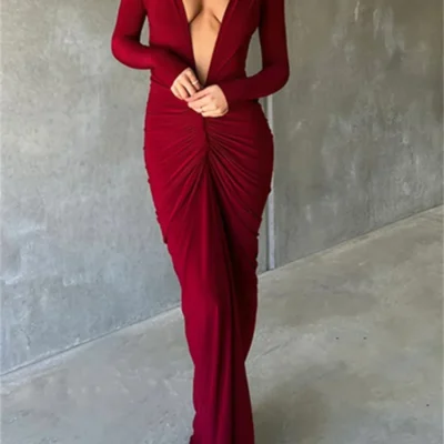 Women Sexy Elegant Long Dress Long Sleeve Backless Bodycon Slit Dress Autumn Evening Party Dresses Female