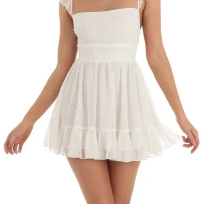 Women Summer Casual Mini Dress Swiss Dot Fly Sleeve Tie-Up Backless Dress Beach Holiday Party Short Dress