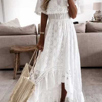 Women Bohemian White Long Dress Short Sleeve Off Shoulder Lace Ruffle Loose Dress Summer Holiday Beach Casual Dresses Female
