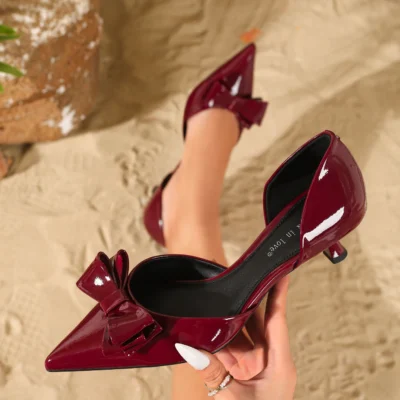 Women Bow Decorated Fashion Elegant Patent Leather Stiletto Heels Comfortable Simple and Versatile High Heels