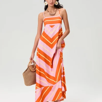 Women Cami Dress Stripe Print Spaghetti Straps Sleeveless Flowy A-line Dress Summer Beach Holiday Long Dresses