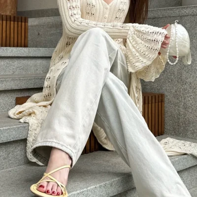 Women Knit Dress Long Sleeve Button Closure Cardigan Hollow Out Long Dress Top for Daily Street Summer Fall