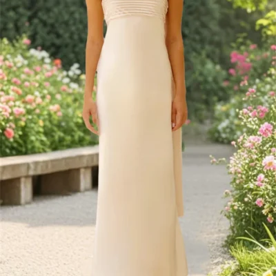 Women's Elegant Long Satin Tube Dress Solid Color Low Cut Strapless Pleated Design Slim Dress for Party Evening