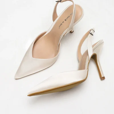 Women's Ivory Satin Pointed-Toe Slingback Heeled Sandals