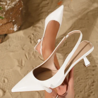 Women's Elegant Pointed Toe Slingback Kitten Heels, Stylish Leather High Heels for Summer, Office & Date Outings, Versatile Soli