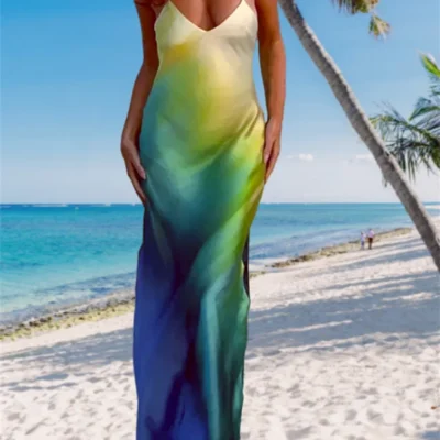Women's Summer Cami Long Dress Gradient Color Spaghetti Strap V-Neck Backless Beach Evening Party Dress