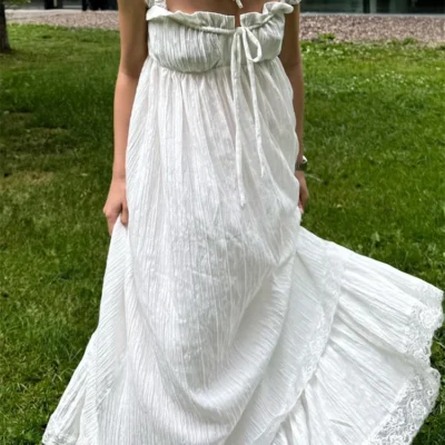 Women White Long Dress Lace Trim Tie-up V Neck Sleeveless Ruffle Loose Tank Dress for Evening Party Club Bohemian Summer