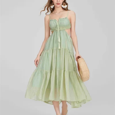 2024 Summer Women Flowy Long Dress Spaghetti Strap Cut Out Backless Ruffle A-line Dress Bohemian Party Holiday Casual Sundress