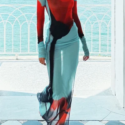 Women’s Sheer Mesh Flower Long Dress Long Sleeve Boat Neck Boydcon Split Midi Dress Summer Fall Cover-up Dress for Beach Club