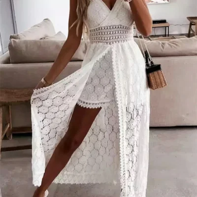 Summer Women Lace Playsuit Dress Sleeveless V Neck Hollow Out Irregular Midi Dress Sexy Elegant Casual Bohemian Dresses