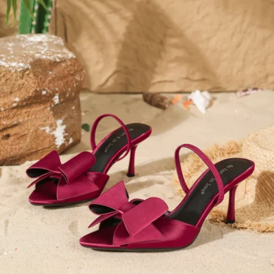 2026 new women's sandals with fashionable bow design, elegant pointed-toe high heels for summer outdoor banquets, backless shoes