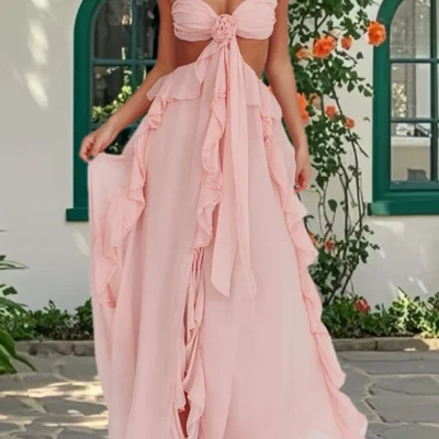 Women's Ball Gown Party Dress Sleeveless Tie Back Ruffle Cutout Long Dress Summer Bohemian Fairycore Dresses